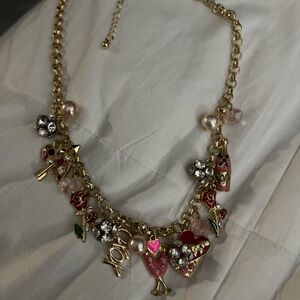 Betsey Johnson Gold Pink Statement Necklace with Charms